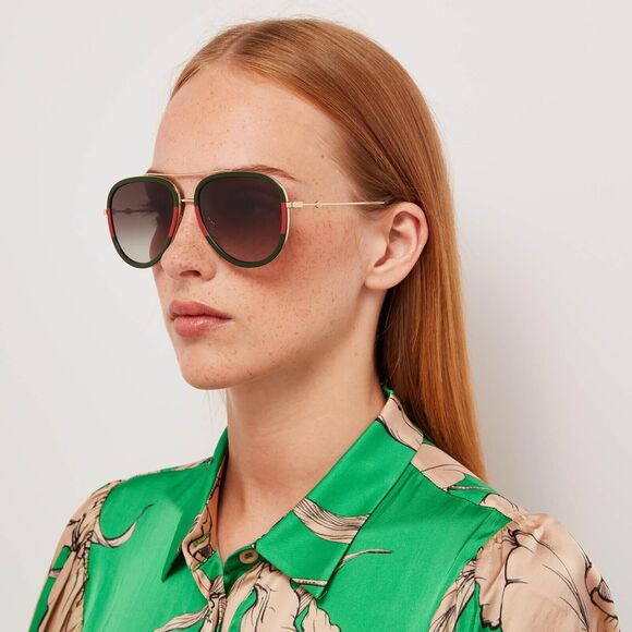GUCCI GG0062S 003 Gold Green Red Grey Lens Women Aviator Sunglasses AUTHENTIC main image 4